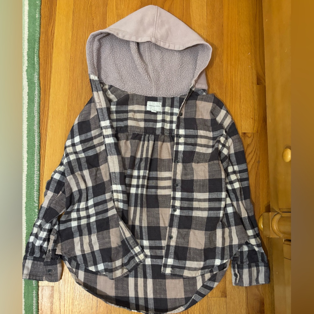 American Eagle Purple Flannel Button Up with Sherpa Hoodie Size M